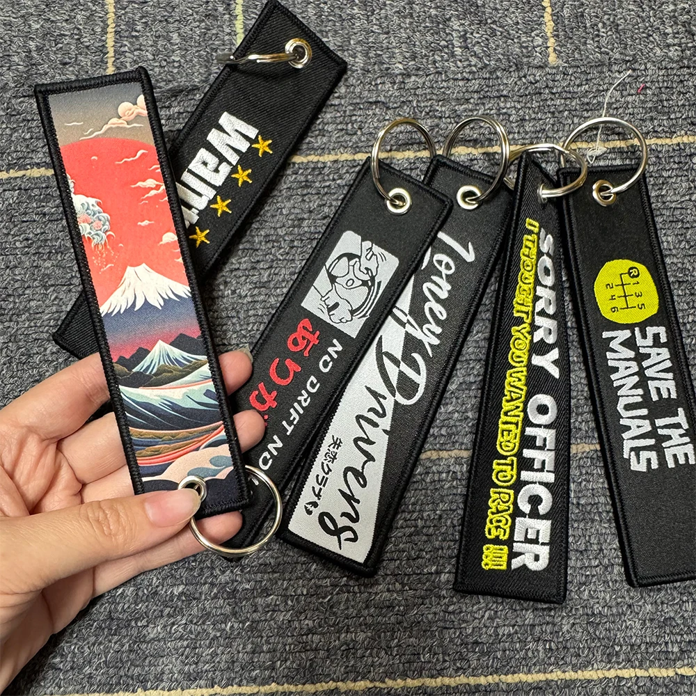 JDM Keychain Hokkaido Car Fashion Tags Embroidered Short Cloth Rectangle Polyester Holder Charm Key Ring for JDM Slogan