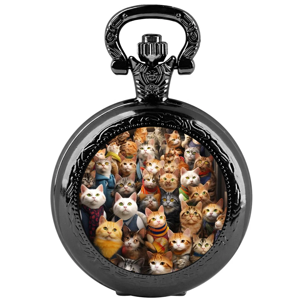 Creative Asian cat glass patch round quartz pocket watch, men's fashionable quartz pocket watch with chain, unique birthday gift