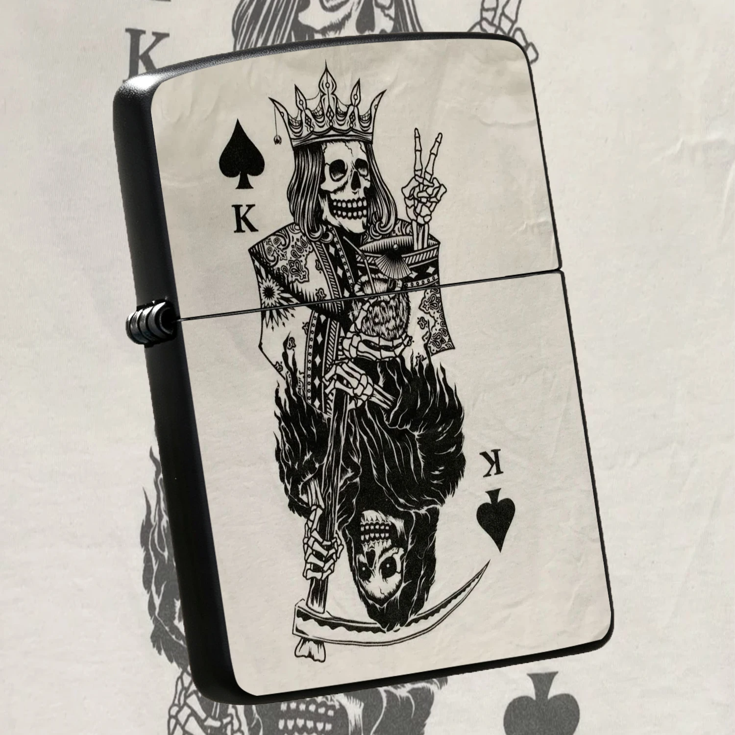 Creative Spade K Skull Themed Lighter Retro Skeleton King with Scythe Pattern Art Print Durable Sturdy Body Unique Cool Collectible Accessory Ideal for Daily Use Gifting Punk Style Trendy Pocket Lighter for Men Skeleton Playing Card Desig