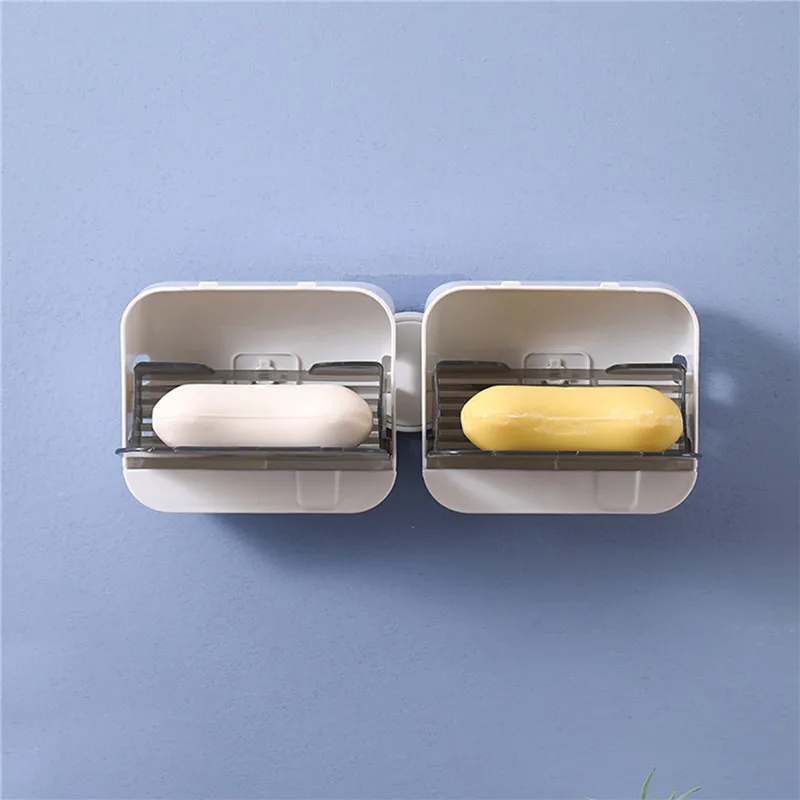 Wall Mounted Soap Holder Soap Box With Flip Lid Free Punch Soap Drain Dish Double Grids Soap Draining Rack For Home Bathroom