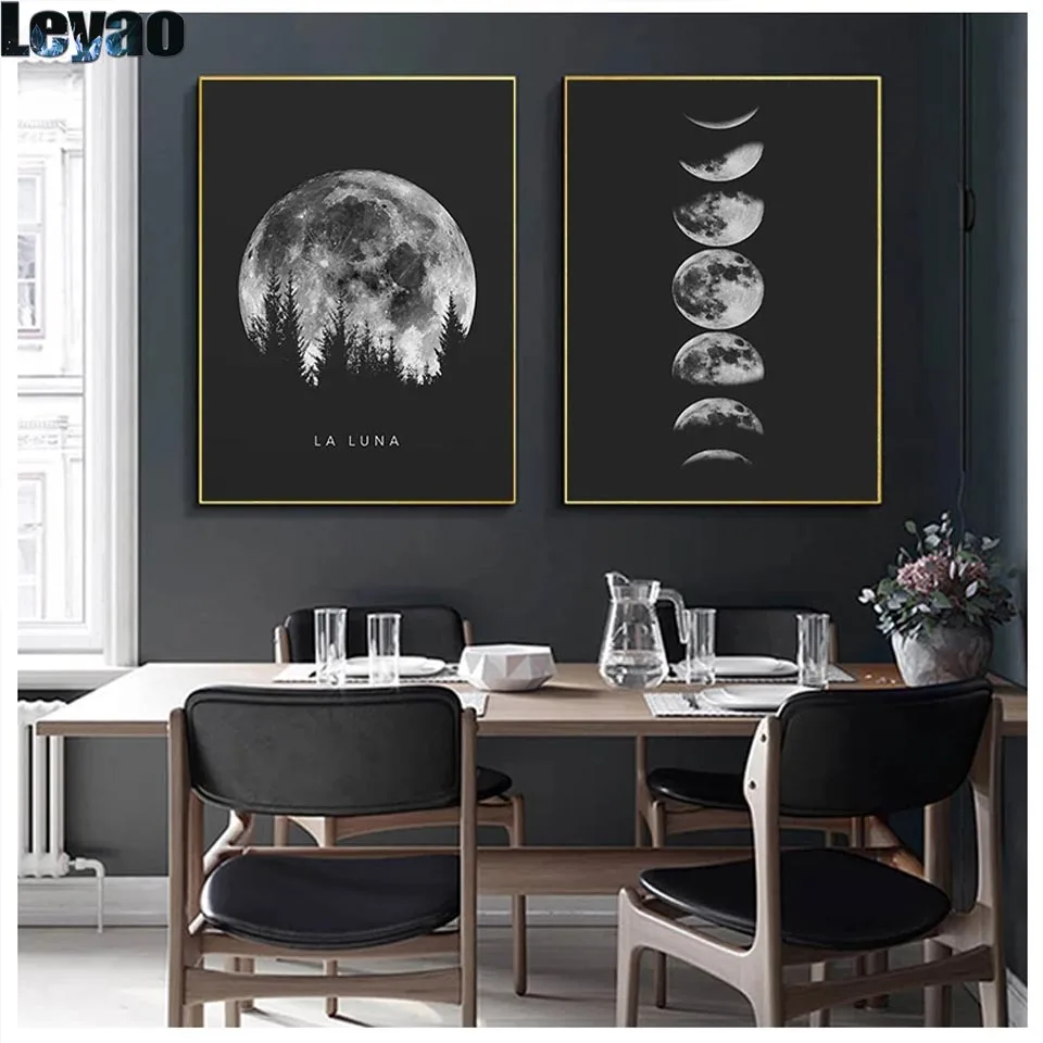 diy diamond Painting Minimalist Full Moon Art Black White Moon Phases full drill diamond embroidery landscape mosaic Decoration