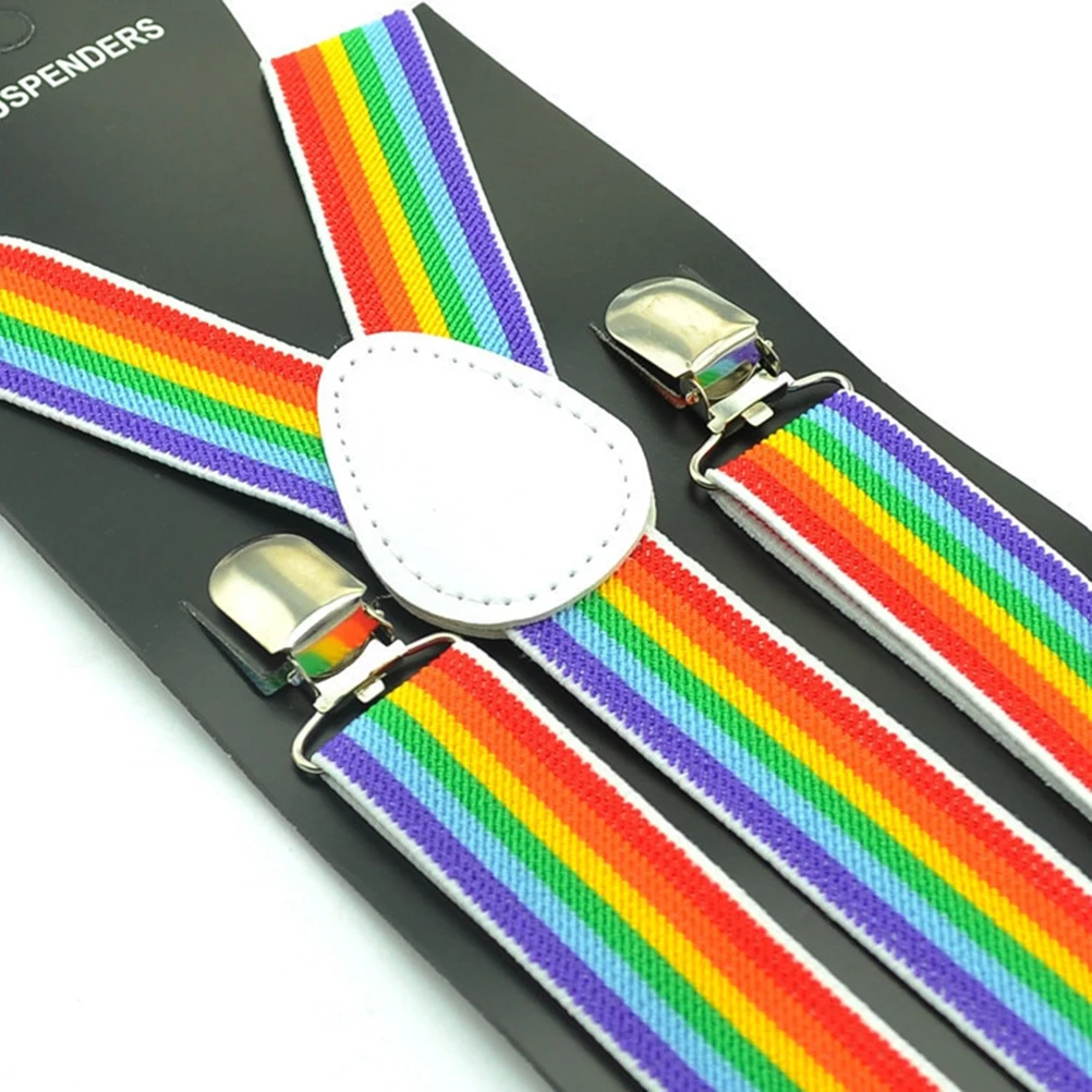 Unisex Rainbow Suspenders Y-Shape 3 Clips Adjustable Elastic Comfortable Pant Braces for Casual Formal Wear 85cm