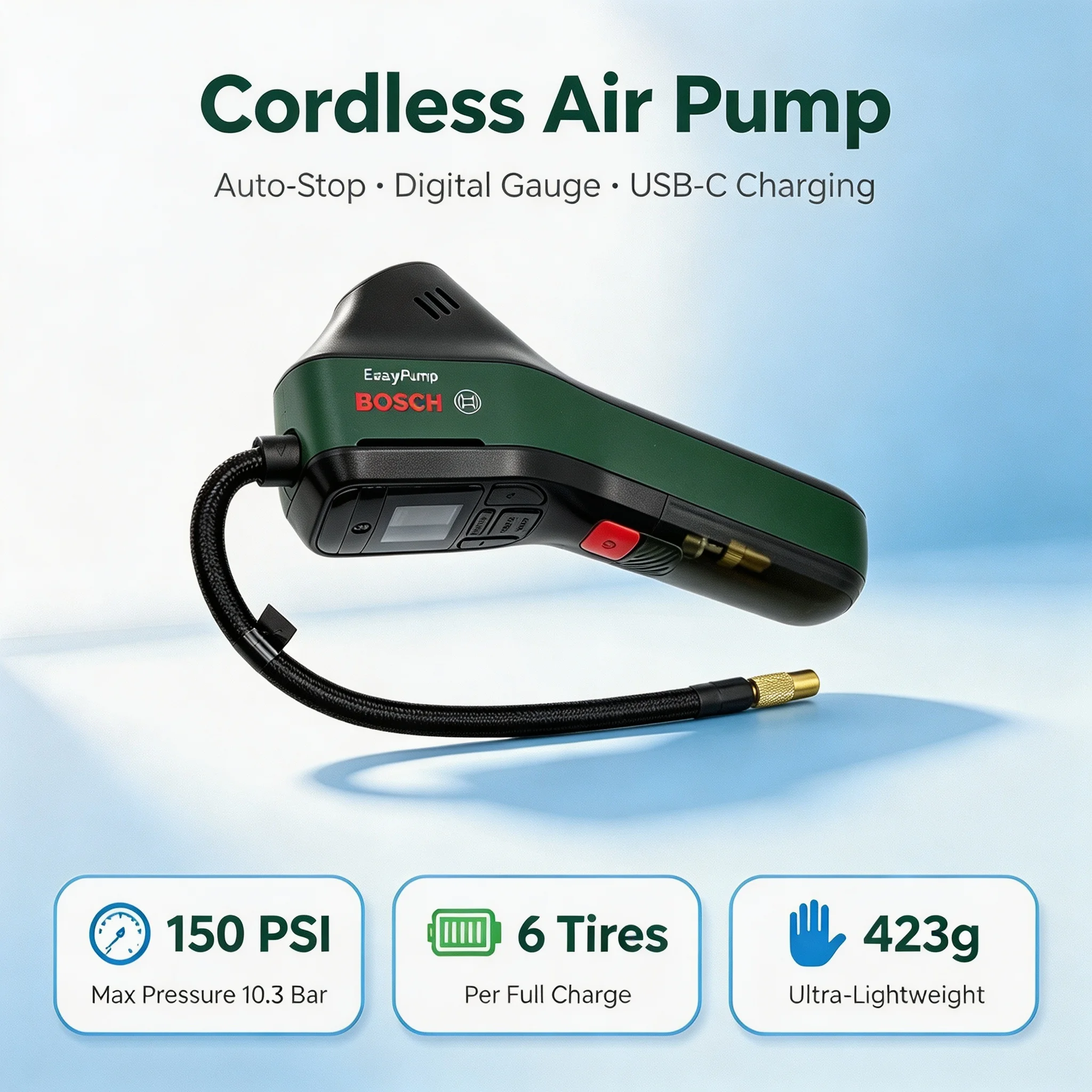 Bosch LED Display Mini Portable Electric Air Compressor Tire Inflator Air Pump for Car Motorcycle Bicycle Swim Ring