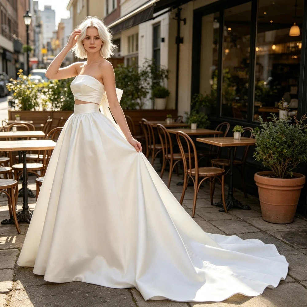 Customized 2026 Two-piece Strapless Satin Wedding Dress New Strapless Top and Flowing Skirt for Brides Suitable for Outdoor Wear