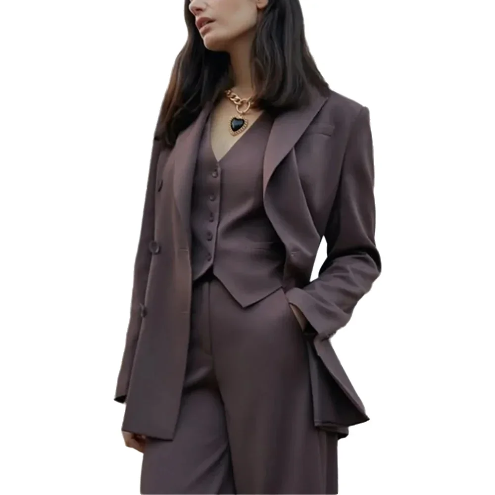 Professional Women's Suit Solid Color 3 Piece Peak Lapel Double Breasted High Quality Daily Office Elegant Lady Formal Set