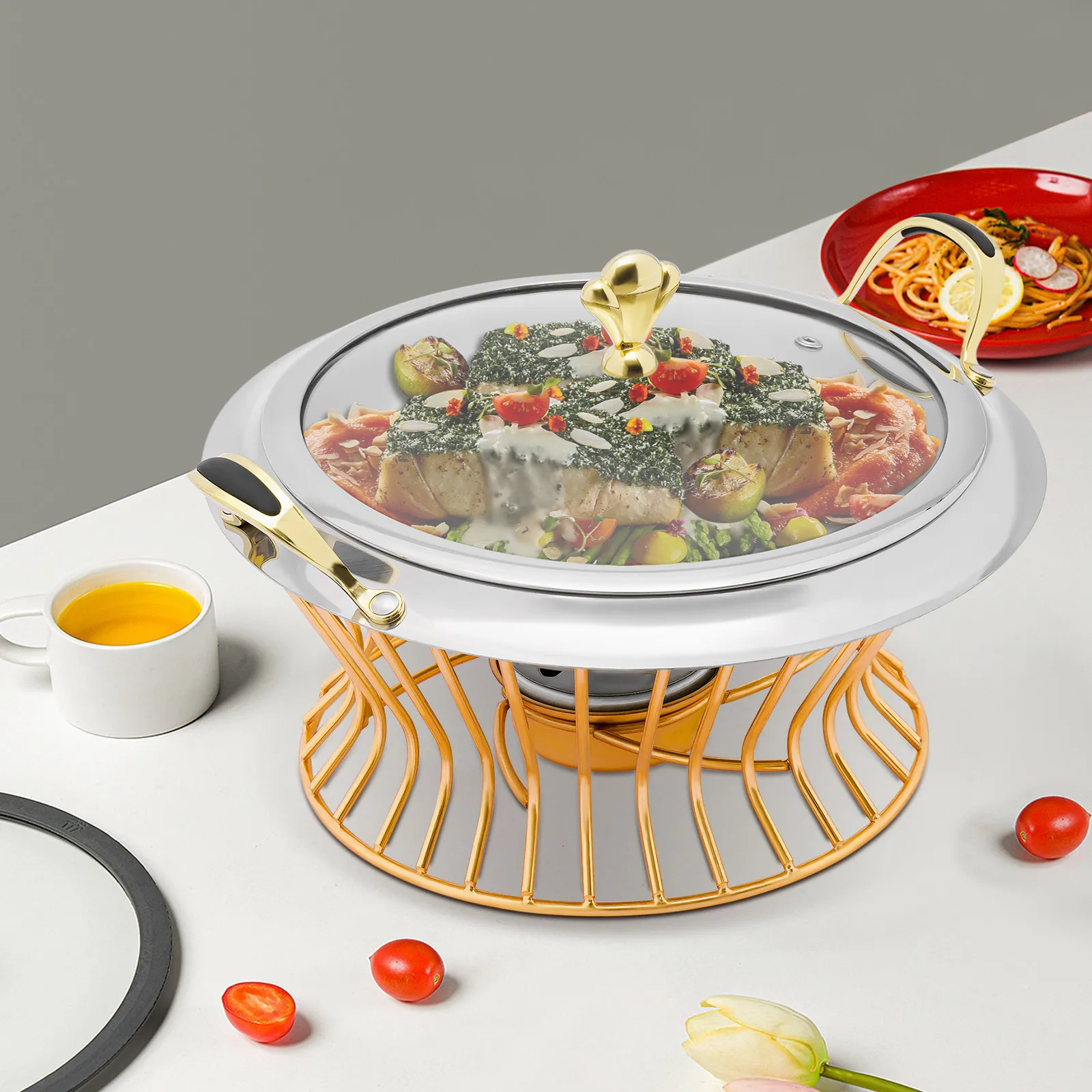 24cm Round Stainless Steel Chafing Dish Buffet Catering Chafers and Buffet Warmers with Fuel Holder