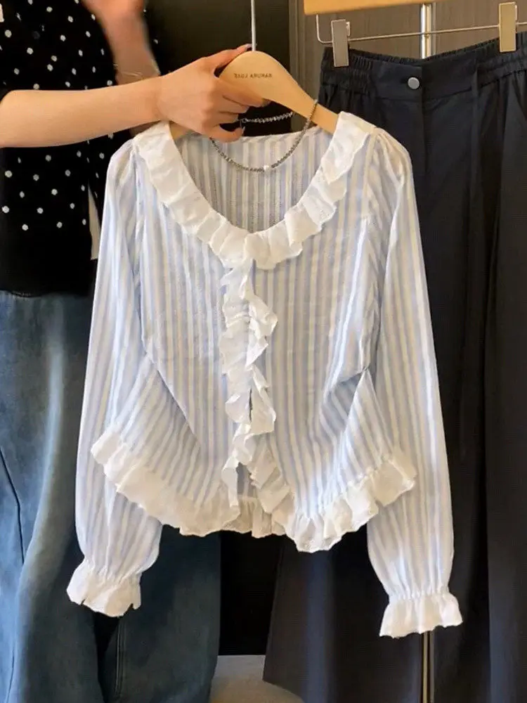 

Элегантная женская рубашка с кружевными вставками и полосками, с длинными рукавами, весенняя модная блузка с высоким воротником, очаровательный топ во французском стиле, приталенная.