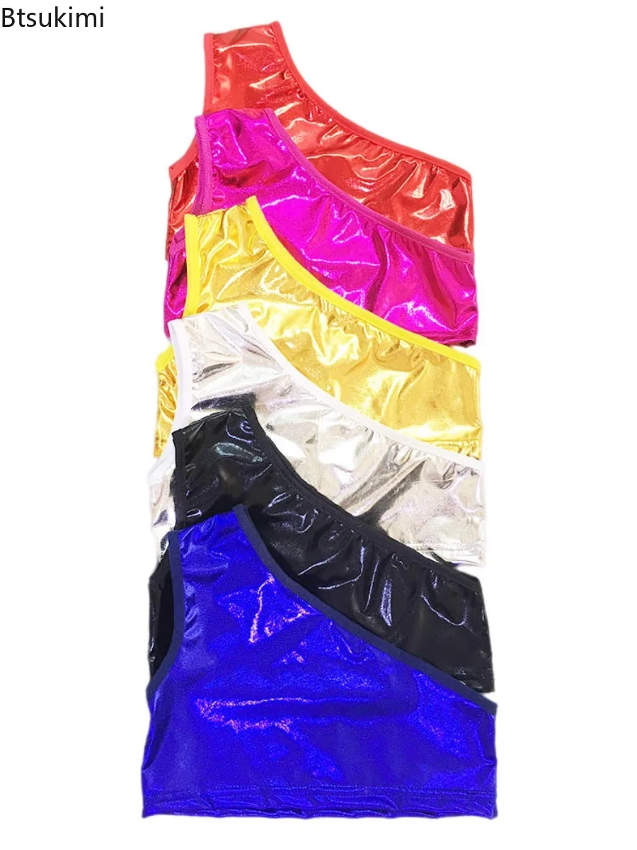 Child Mini Tank Tops Women Oblique Shoulder High Street Shiny Metallic Dancing Crop Tops Sleeveless Jazz Vest Modern Dance Wear
