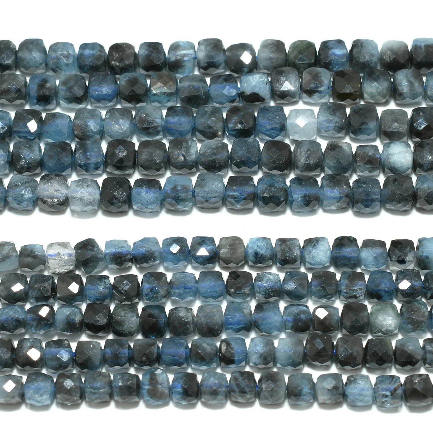 Natural Dark Aquamarine With Black Tourmaline Faceted Irregular Cube Beads 4mm/4.5mm