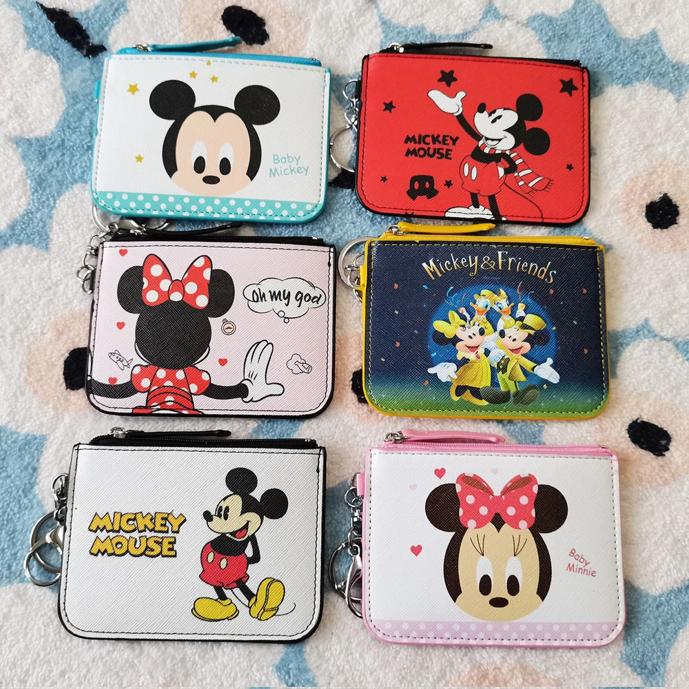 Disney Mickey Minnie Coin Purse Keychain Cartoon Anime Girls Pu Coin Purse Wallet Bag Pendant Student Meal Card bag Keychain