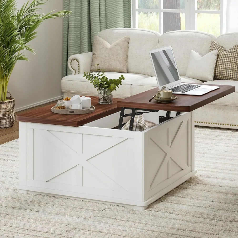 

Farmhouse Coffee Table with Hydraulic Lifter, Square Coffee Table with Large Hidden Storage Compartment for Living Room, Wooden