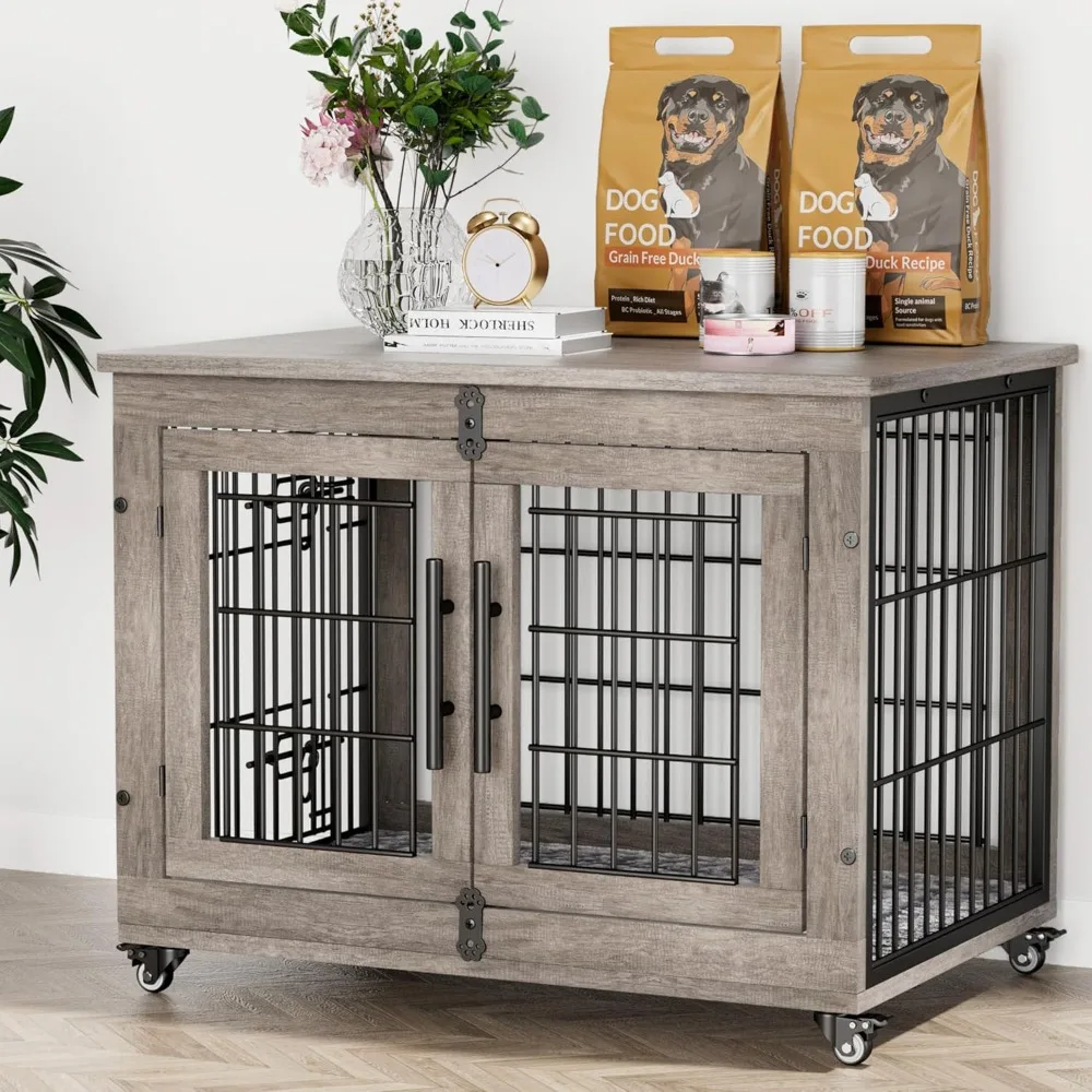 Muebles para cajas para perros medianos, perrera de 32 pulgadas para interiores con cojín y ruedas, jaula de madera con puertas dobles, mesa auxiliar para cajas para perros