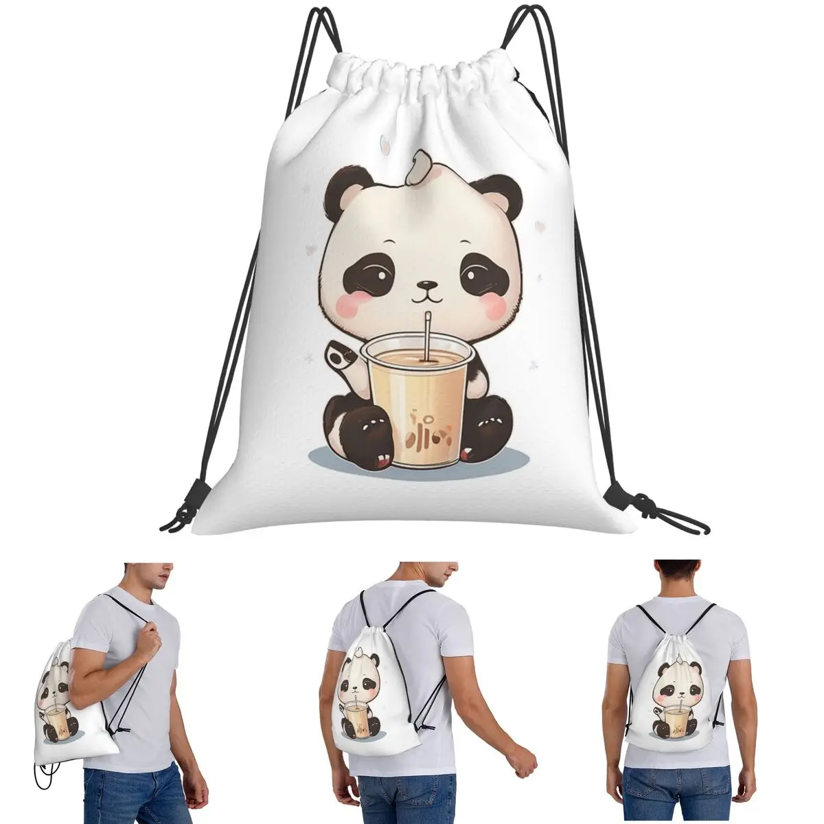 Sweet Panda With Coffee And Hearts Backpacks Multi-function Drawstring Bags Sports Bag Book Bags for Travel School