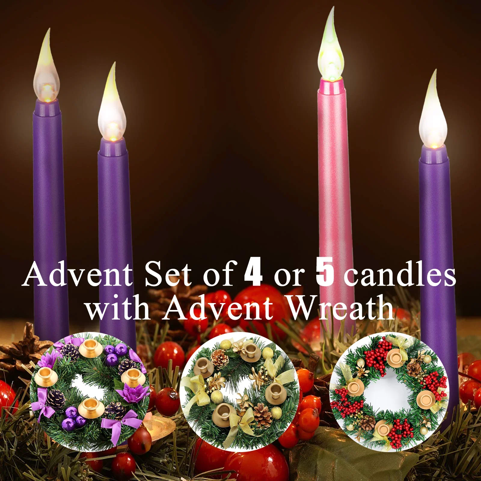4~48pcs LED Advent Candles Set of 4 or 5 Christmas Taper Flameless candle with Advent Wreath Purple Pink White Church Flickering