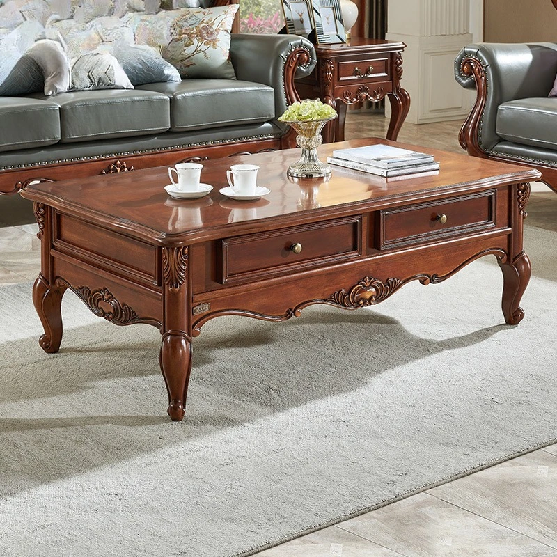 American all solid wood 1.4 meters storage coffee table two pumping square engraved living room small tea table