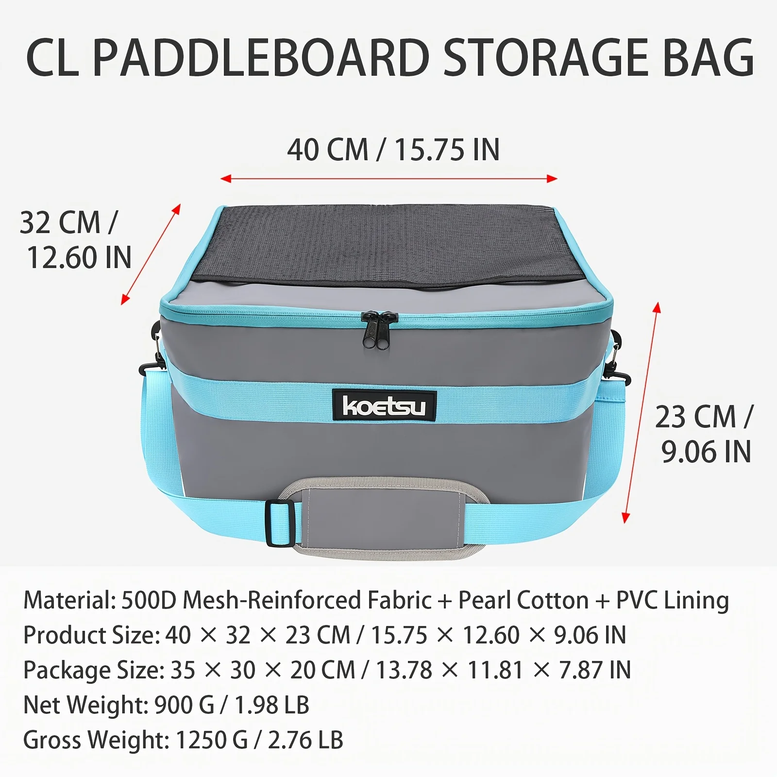 KOETSU CL Paddle Board Storage Bag Grey Multi Compartment Design Removable Dividers Mesh Pocket Zipper Inner Pocket