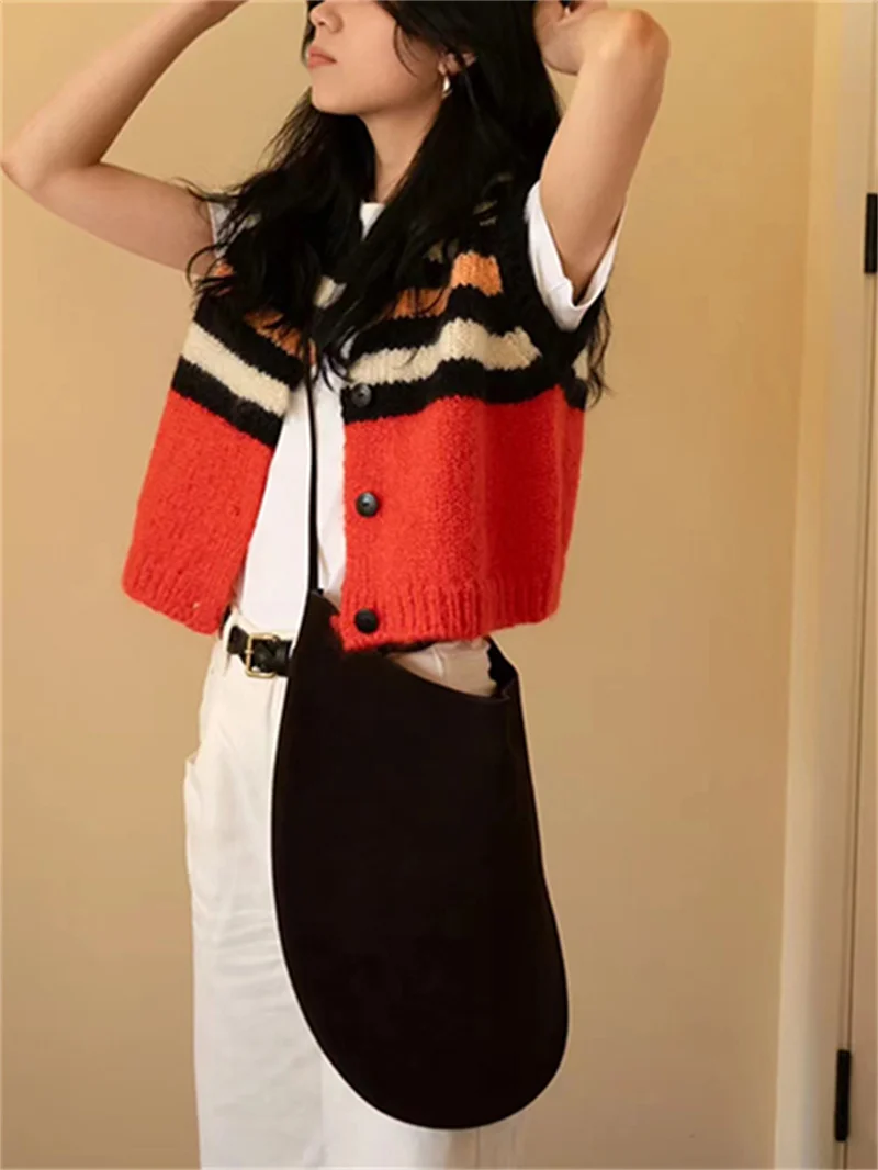 Women's Stripes Knitted Sweater Vest Mohair and Wool Blend Ladies Single Breasted O-Neck Sleeveless Tank Cardigan Outwear Top