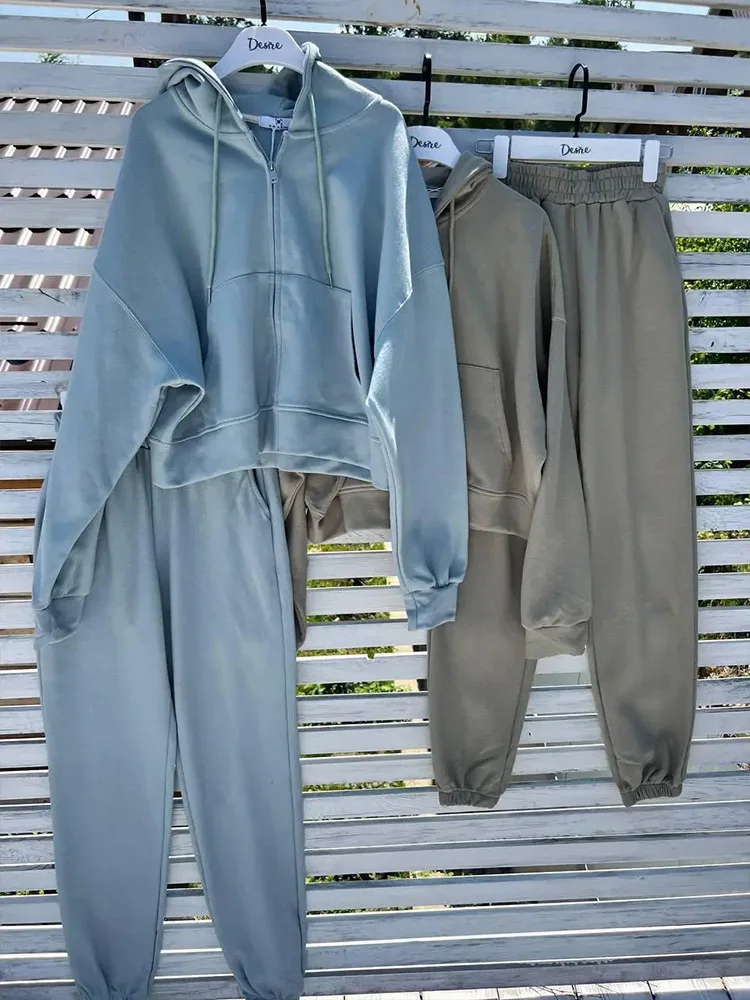 Women’s Tracksuit Hooded Zip Sweatshirt Pockets Elastic Waist Pants Two-Piece Thick Sports Casual Set CyberStreetOne two colors