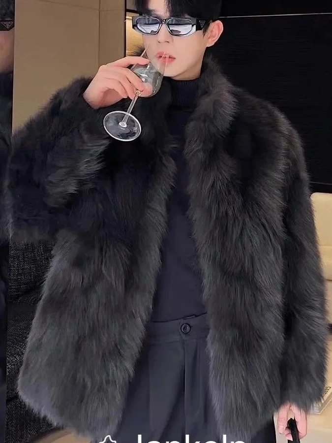 

New Men's Fur Coat Thiened Mink Leather Winter New Sle Inteated Fur Coat Warm Long Sve Stand Collar Mid-Length