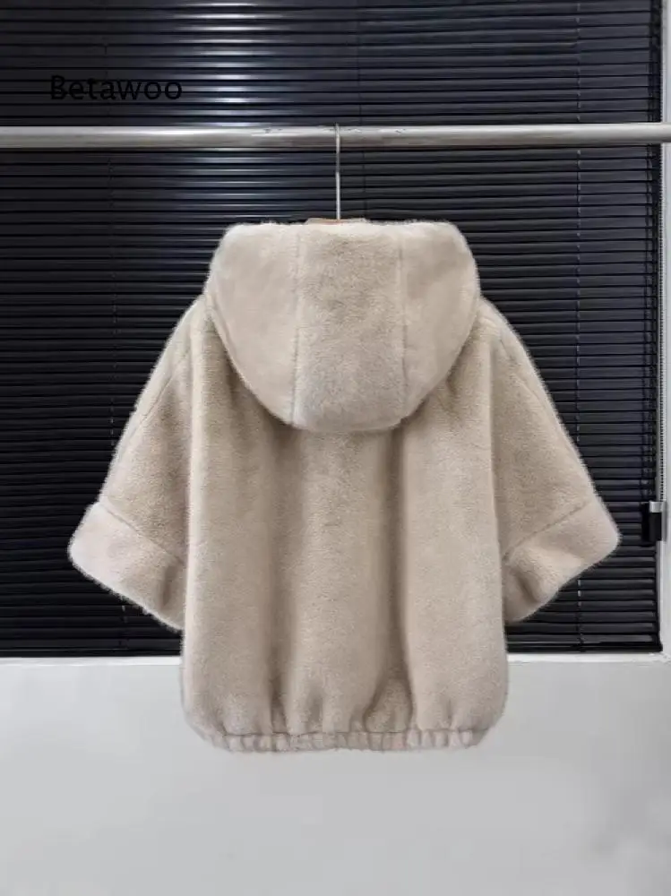 Womens Solid Beige Faux Fur Outerwear Hooded Zip Three Quarter Sleeve Fluffy Plush Short Coat For Daily Matching And Outings 2
