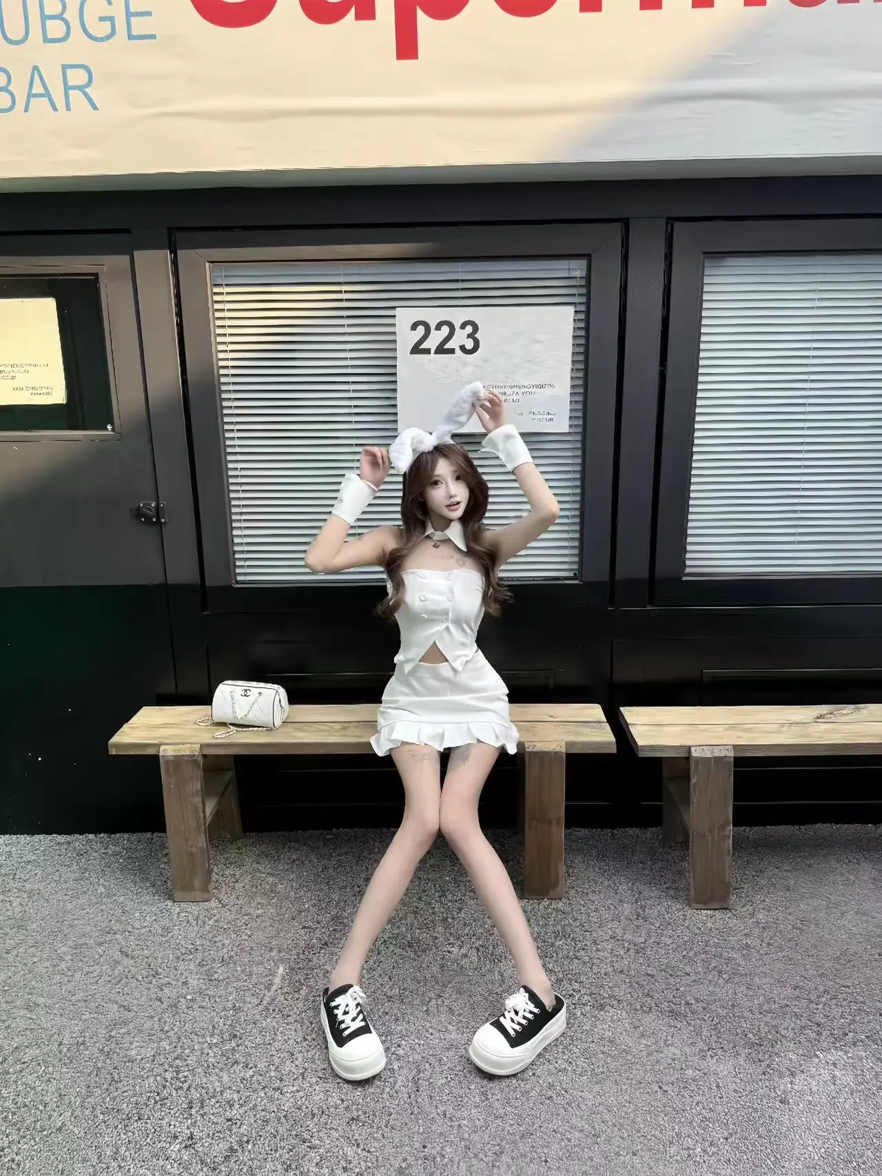 

Sexy Bunny Girl Costume Set Top And ort Skirt Two Pieces for Women loween Street Sle Slim Fit Bal Pure Color