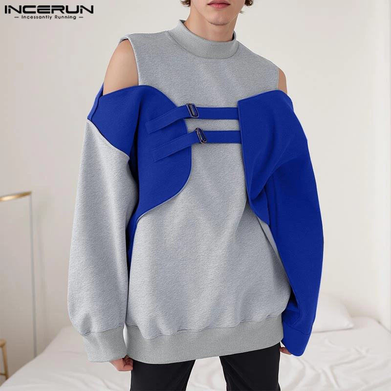 INCERUN Spring Loose Hoodies Men Long Sleeve Simple Knitted Sweatshirts 2025 Colorblock Bare Shoulder Deconstruction Design Tops