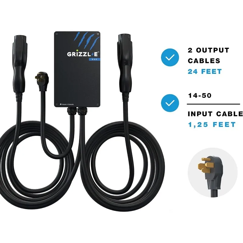 Grizzl-E Duo Level 2 Plug in EV Charger, Cabos Premium, até 40 Amp, 2 24 Pés