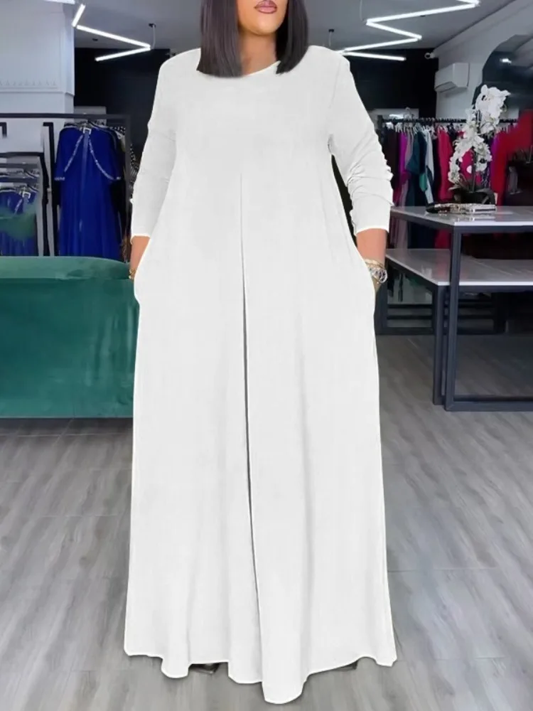 

2026 Women 6 Colors O Neck Long Sleeve Wide Leg Jumpsuit Casual Stylish Loose Fit Full Length Jumpsuit With Pockets Plus Size