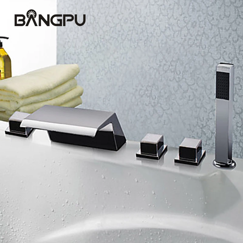 

Waterfall Tub Faucet Set with Sprayer Deck Mounted Bathtub Faucet Set Roman Bath Tub Faucet Combo with Handheld Shower Chrome