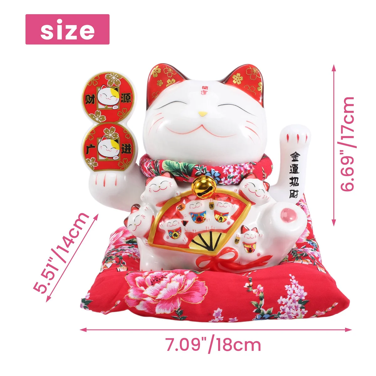 Gato de la suerte de cerámica de 7 pulgadas, adorno de Maneki Neko, decoración Feng Shui, columpio, C