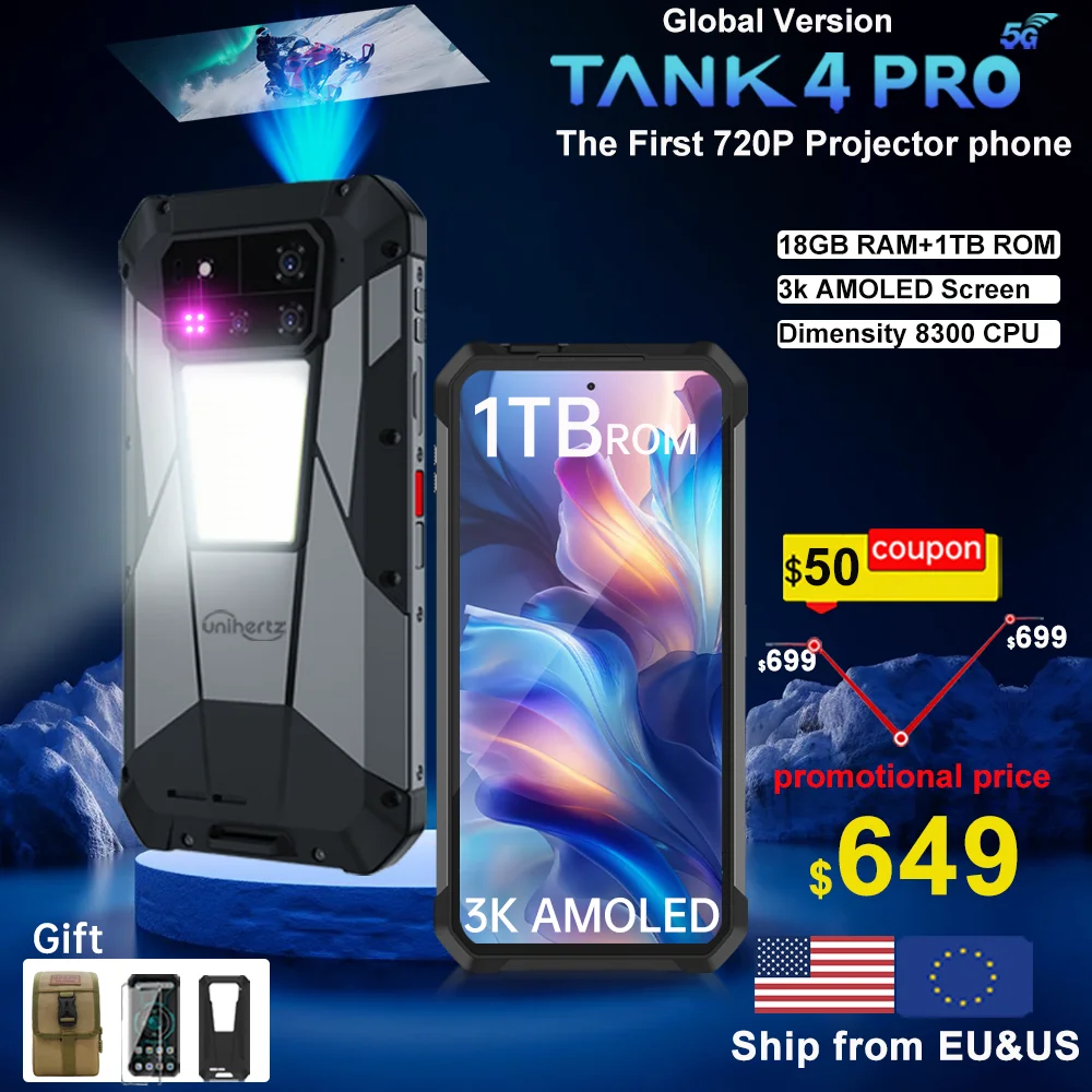 【Estreno mondiale】Unihertz di 8849 Tank 4 pro Smartphone 5G con proiettore 720P Dimensity 8300 36GB+1TB Cellulare 3k AMOLED
