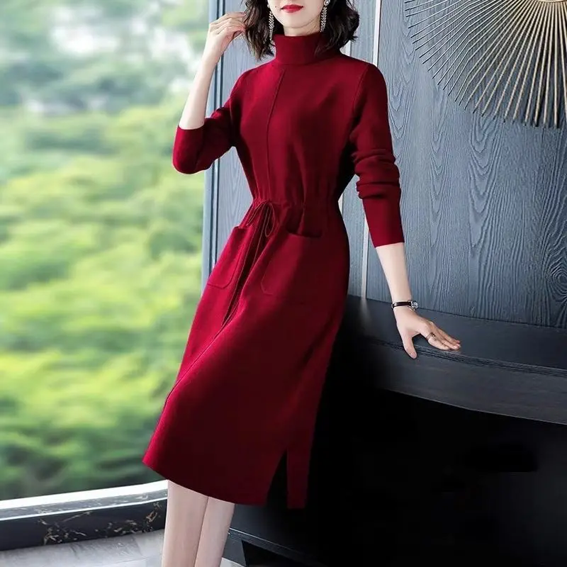 Turtleneck Knitted Dress Temperament Midi Dress Ladies Knitting Lacing Dresses Autumn Winter Elegant Pocket Vintage Dress Women