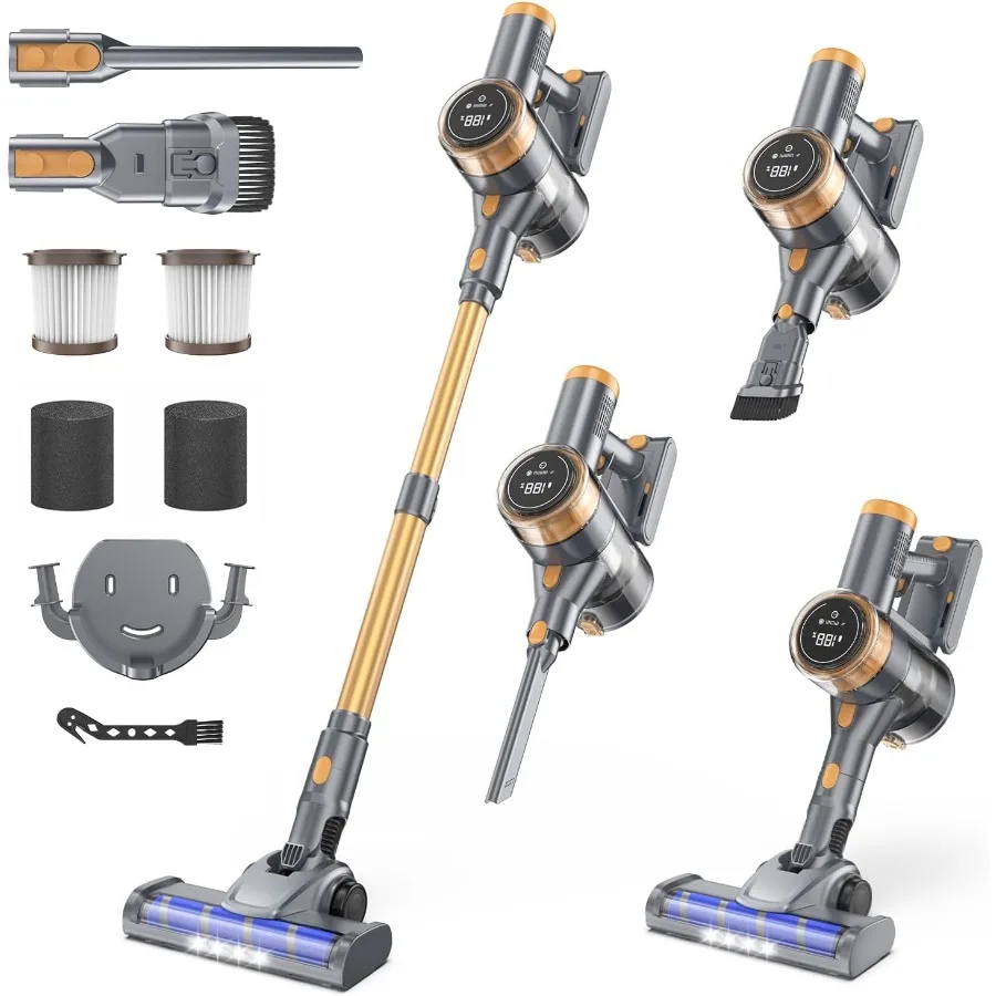 

Cordless Vacuum Cleaner 30Kpa Vacuum Cleaners for Home Stick Vacuum with LED Display 2 Roller Brushes for Anti-Tangle and Hard