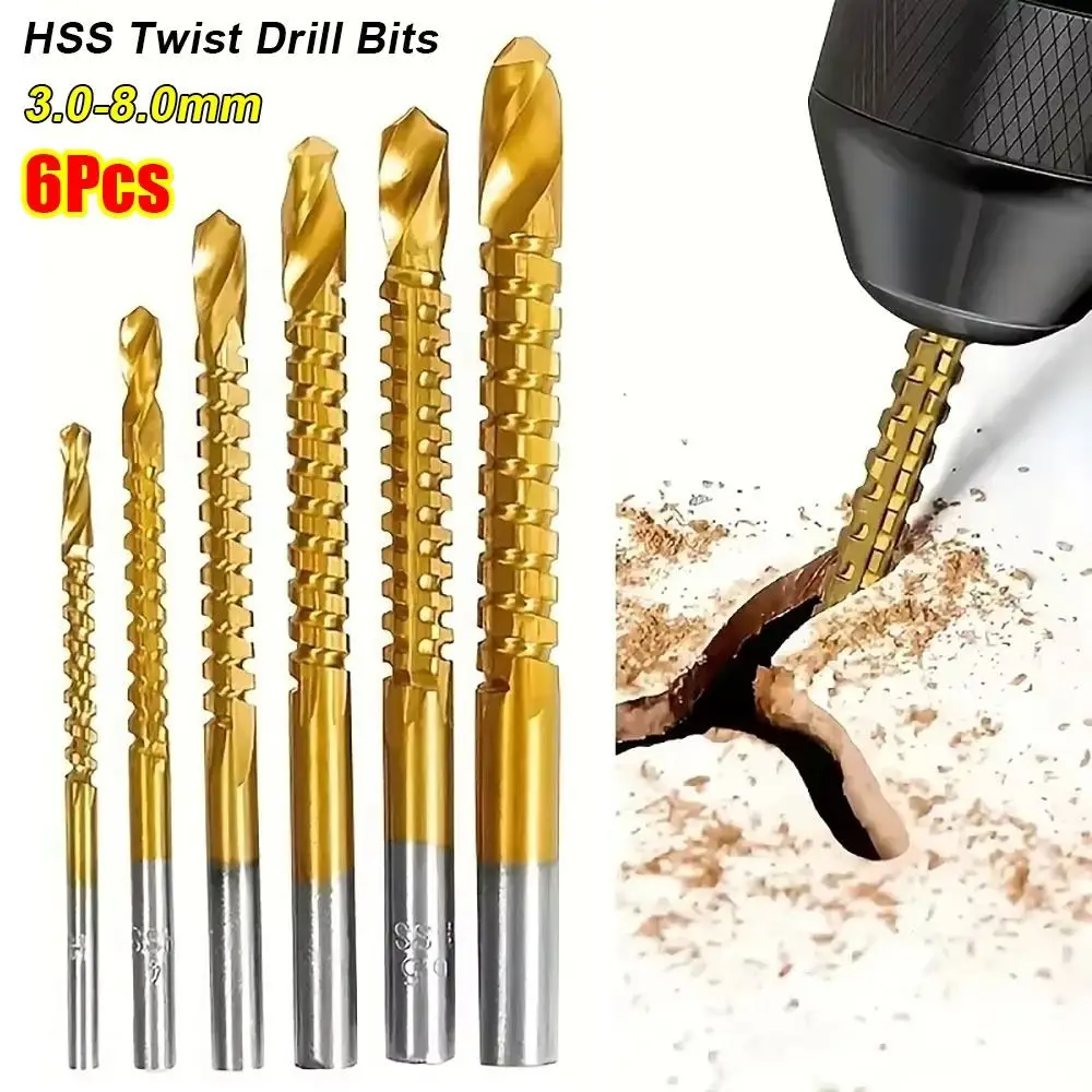6Pcs 3-8mm Serrated Drill Bits Titanium Coated 3 In 1 HSS Twist Drill Bits Serrated Grooving Spiral Jagged Saw Grooving Tool Set