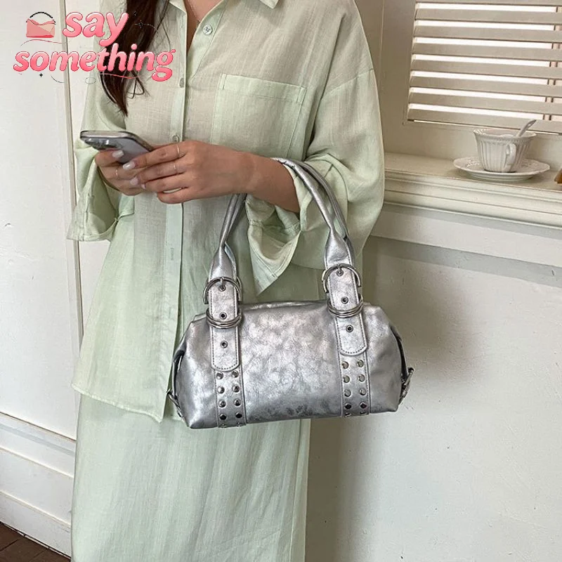 Fashion Rivet Women Shoulder Bag Pu Leather Hot Girl Motorcycle Bag Y2k Motorcycle Bag Daily Use Underarm Bag Ladies Handbag
