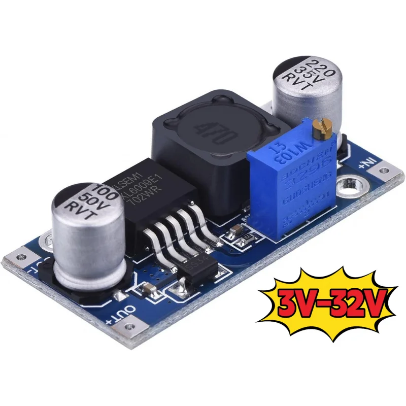 وحدة تعزيز XL6009 DC-DC محول قابل للتعديل 3 فولت-32 فولت إلى 5 فولت-35 فولت، 4 أمبير عالي الكفاءة، تردد التبديل 400 كيلو هرتز، نطاق إدخال واسع