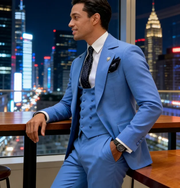 

Handsome Groom Slim Fit Tuxedos Blue Mens Wedding Wide Notch Lapel Blazer Formal One Button Men's Suits (Jacket+Vest+Pants)