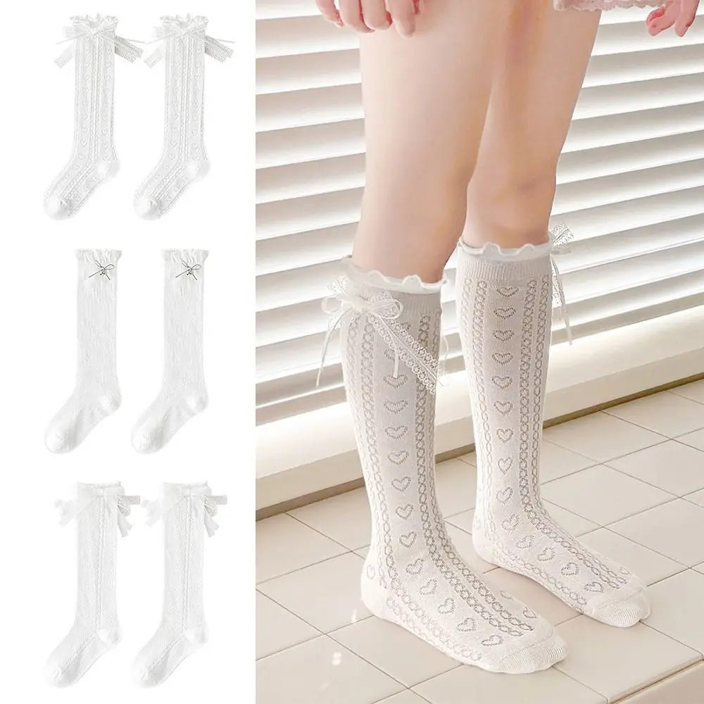 

Белые носки до середины икры для девочек, тонкие носки принцессы из чесаного хлопка с бантом, мягкие дышащие, впитывающие пот, детские длинные носки для девочек