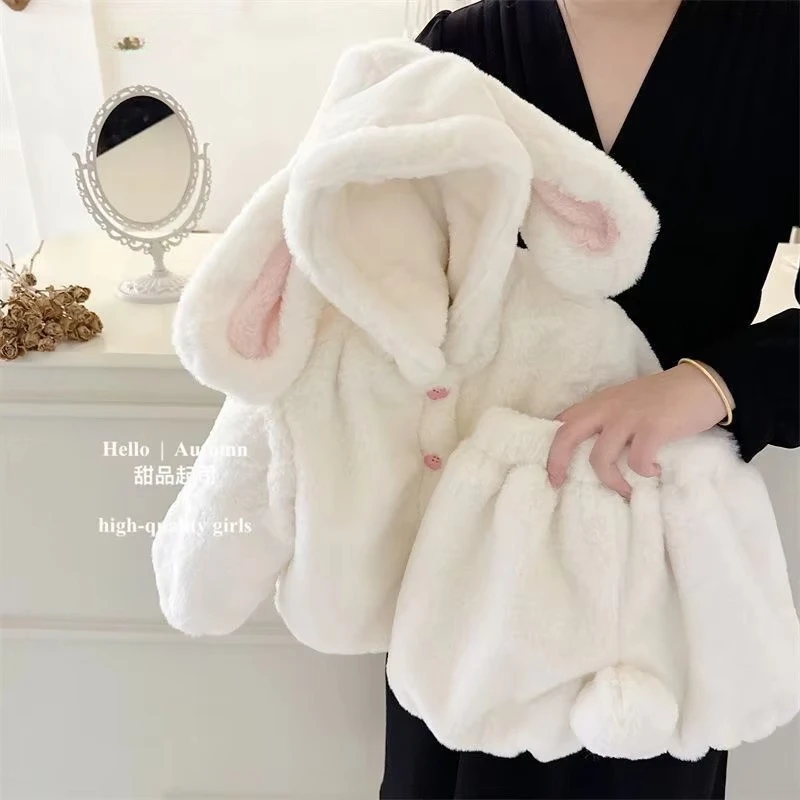 Baby Winter Clothes Set with Velvet Children's Cute Rabbit Ears White Velvet Coat+ Shorts 2026 New Warm Clothes Trendy Outfits