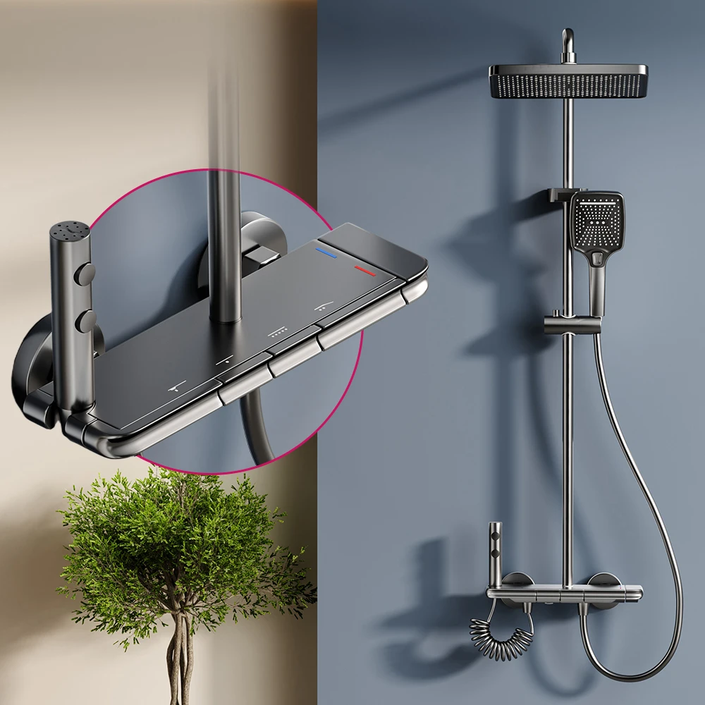 Space Aluminium-Duschset, digitales Display, Duschsystem, Klavierknopf, Umgebungslicht, Badezimmer-Wasserhahn und Duschkopf