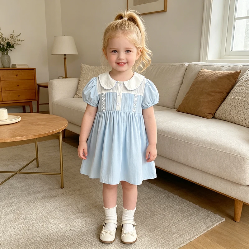 2026 Sommer Neue Mädchenkleider 2-6 Jahre Stilvolles Blumenkleid Kurzärmeliges Modisches Blaues Kleid Prinzessinnen-Kinderkleidung