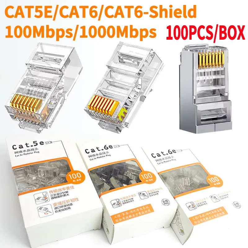 100-Pack RJ45 Cat5e/Cat6 Connectors Gold Plated | Ethernet Plug for 1000Mbps Network Cables - Cat5e Compatible