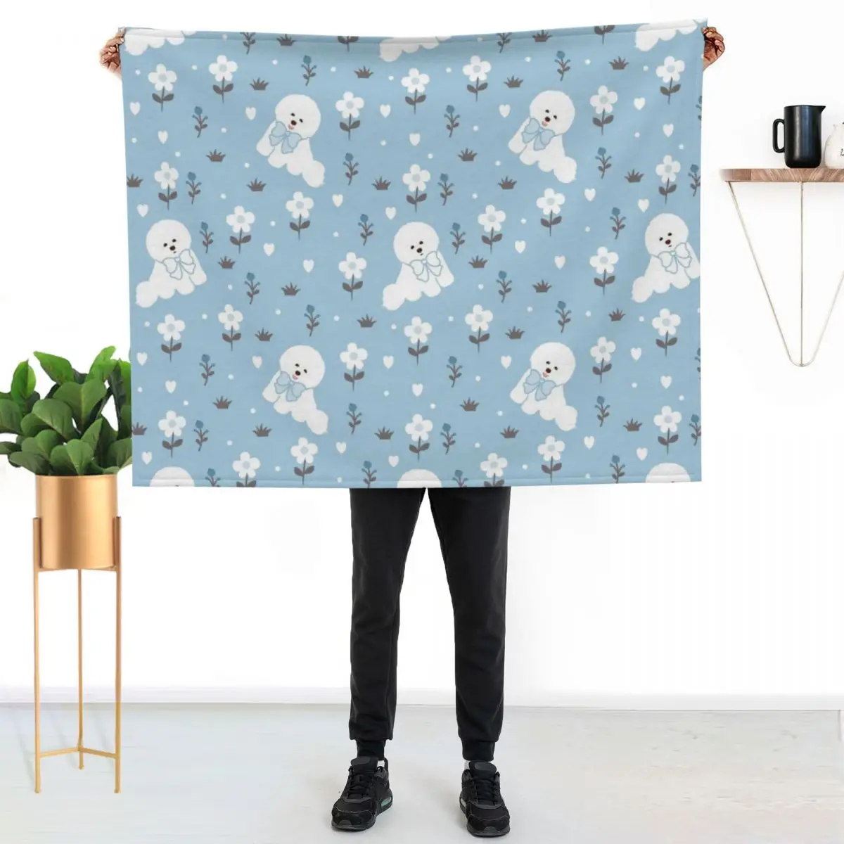 Cute Bichon Frise in Winter Snowy Garden Throw Blanket Warm Comfortable Blanket Gift for Parents Friends