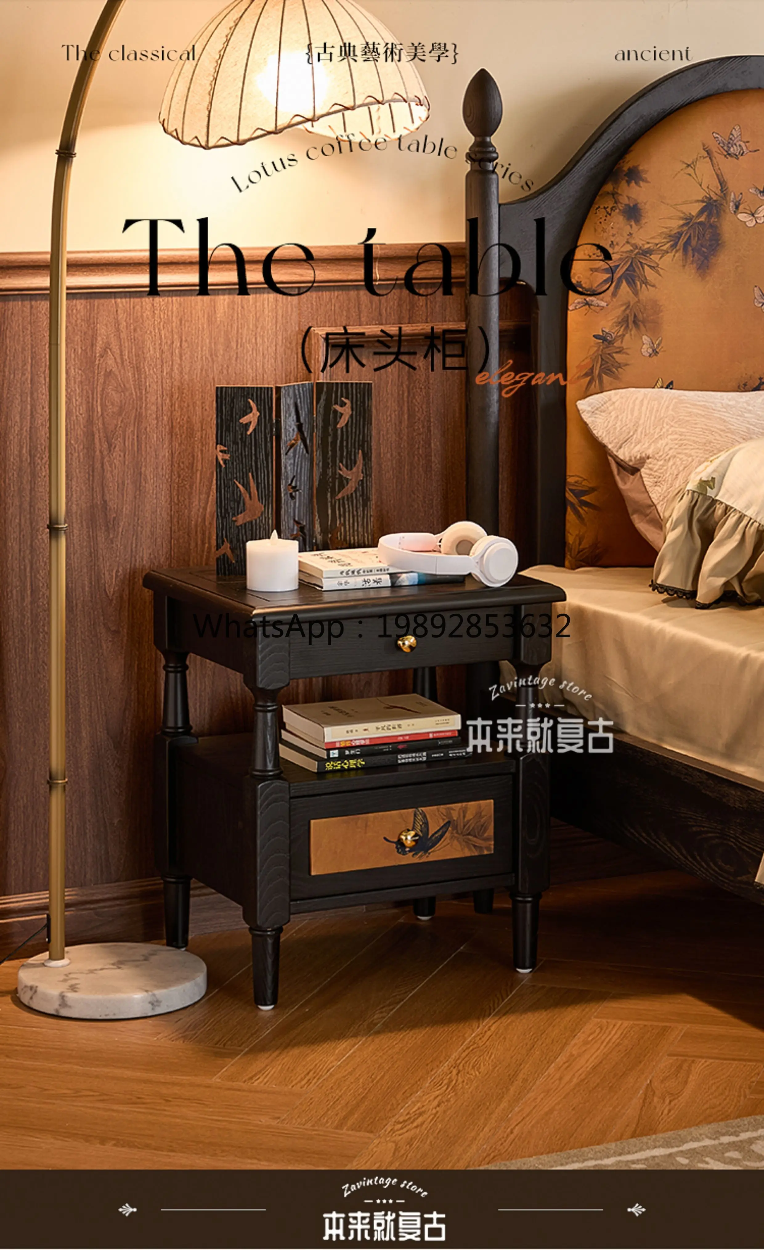 YFY Retro/Xiangyun Silk Bedside Table/French Retro Solid Wood Bedside Cabinet Small Apartment Living Room Storage Cabinet