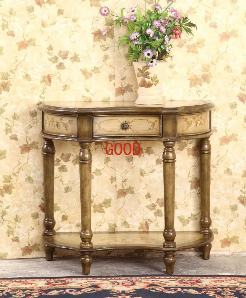 to Semicircle Console Tables Retro Painted Foyer Pastoral Curio Cabinet Classical Yellow