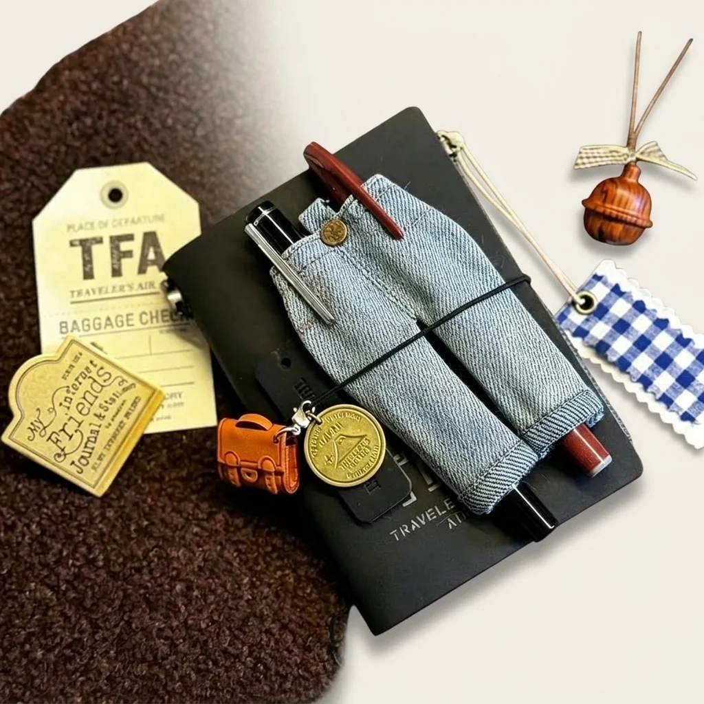 Jeans Mini Pen Holder Dual Pouch for Traveler Notebook Hanging Sleeve DIY Journal Stationery Decor