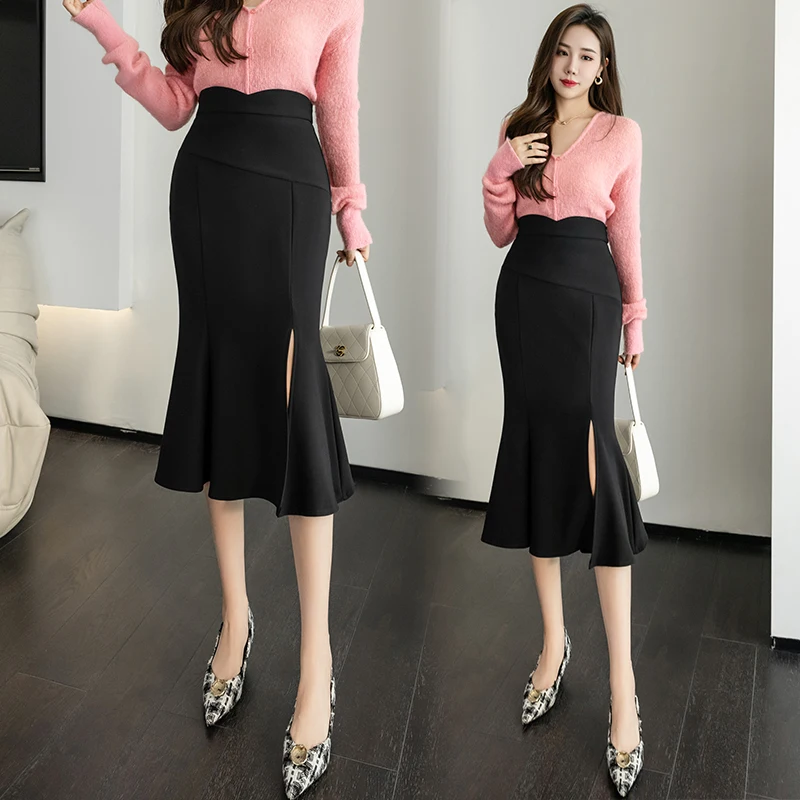 

Ladies Elegant Medium Long Split Hem OL Black Skirt Women Clothes Girls Cute Fishtail Skirts Chic Casual Clothing BPy8170