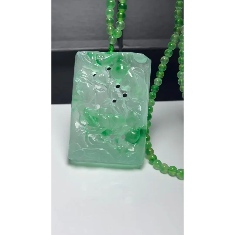 Certified Natural A Perfect High Ice Jade Jadeite Big Pendant&NecklaceFlowers Bloom and Wealth