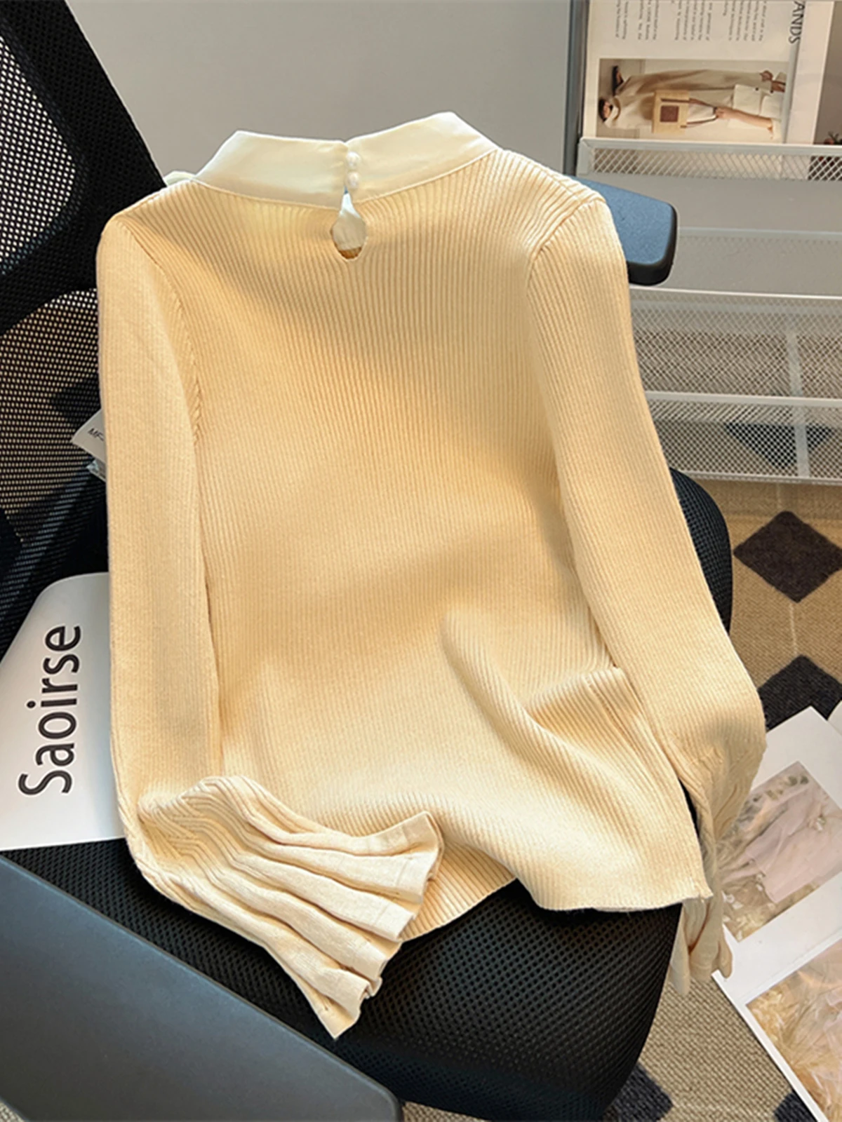 Franse Stijl Effen Trui Dames Lente Herfst Big Strik Bandage Flare Mouw Pullovers Mode Sweet All-Matched Breigoed