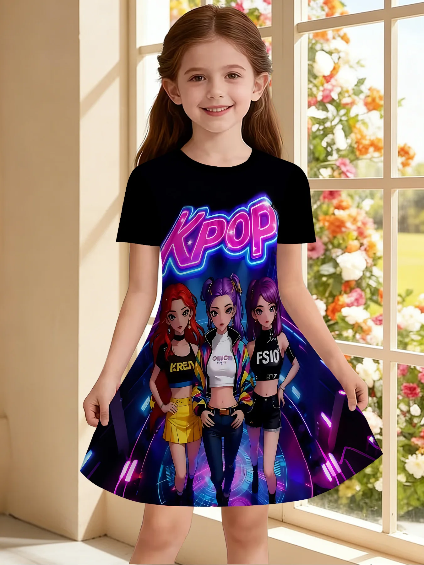 Girls' Summer Fashion Short-Sleeve Cute Casual Dress, 3D Printed Casual Dress, A Gift for Children, Perfect Choice for